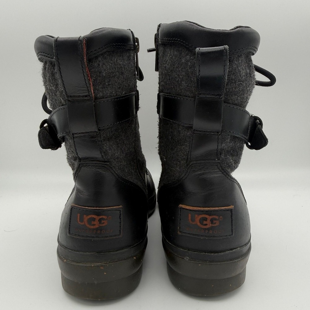Womens UGG Kesey Black Leather Gray Wool Shaft Waterproof Round Toe Boots Size 9 - Picture 5 of 9